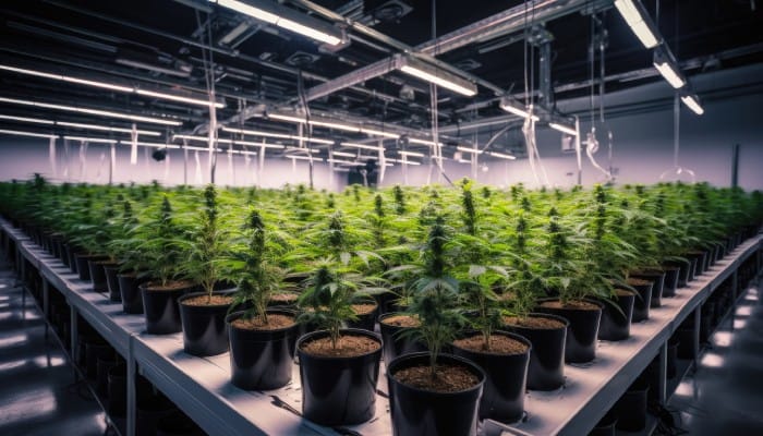 Rows of flowering cannabis plants on tables growing under industrial lighting in an agricultural facility.