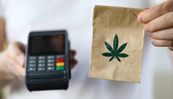 A store clerk holding out a stapled brown paper bag with a cannabis leaf design in one hand a POS terminal in the other.
