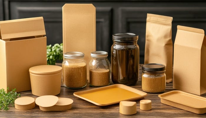 Several types of sustainable glass and cardboard packaging sitting on a wooden table in front of dark gray cabinets.