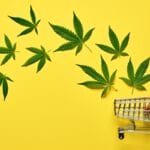 A group of cannabis leaves of different sizes float above a small metal shopping cart on a yellow background.